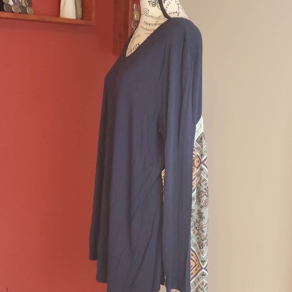 Navy and Floral Long Sleeve Top with Bohemian Back, XXL
